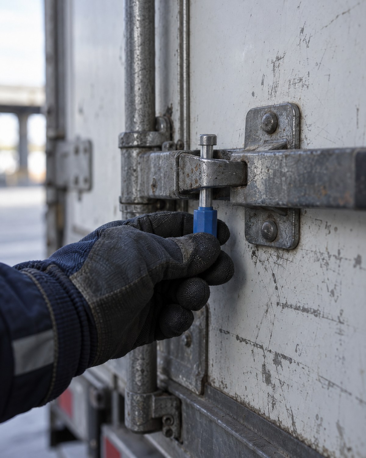Illustrative close-up of a gloved hand checking a numbered bolt seal on a trailer door latch.