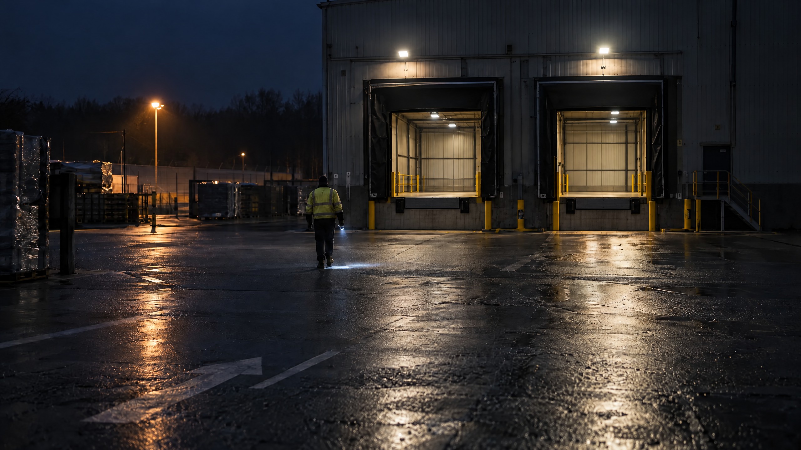 Illustrative night view of two empty raised warehouse loading docks under floodlights, with a worker crossing the exterior truck court.