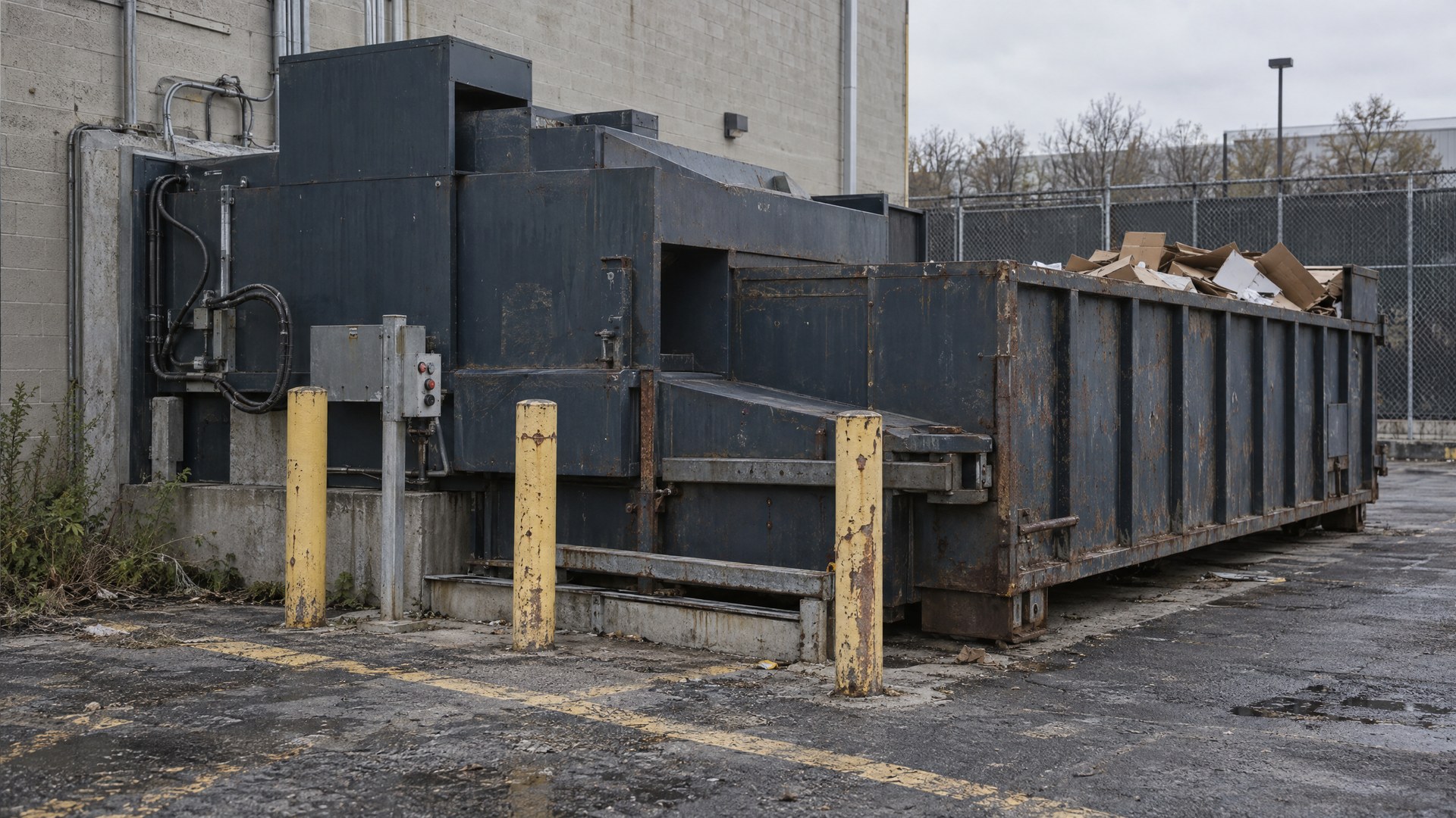 Illustrative commercial compactor docked to an open-top steel container on an asphalt pad.