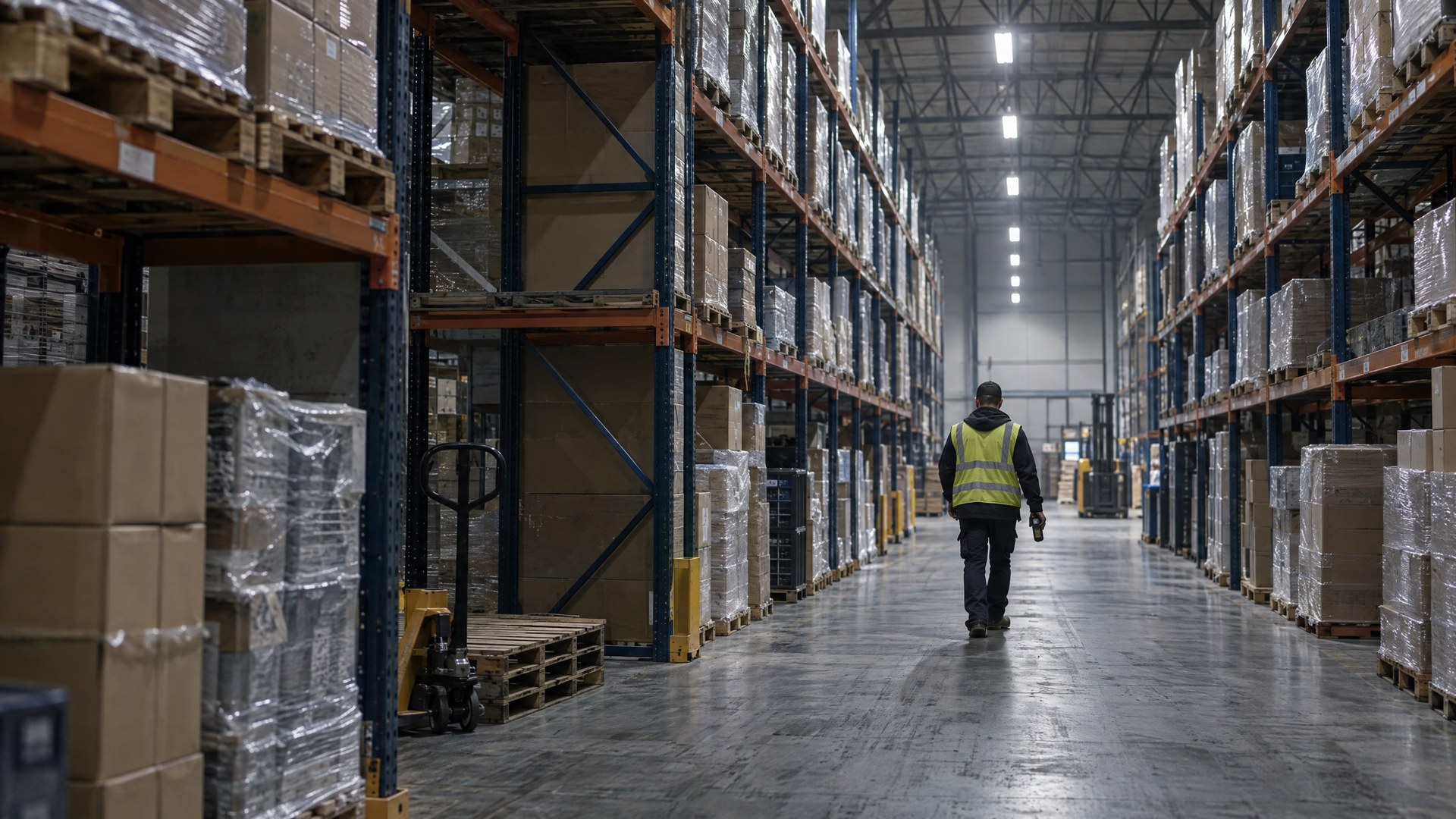 Illustrative long warehouse aisle between loaded pallet racking with a worker walking away with a scanner.