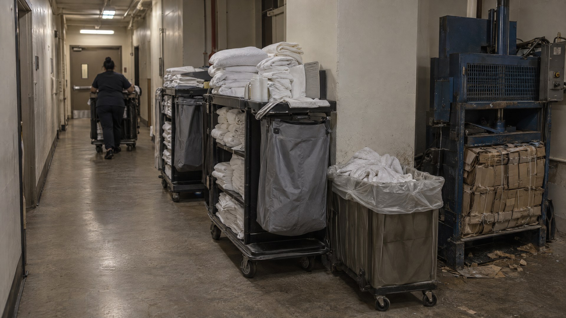 Illustrative hotel service corridor with housekeeping carts, linen and a small baler.