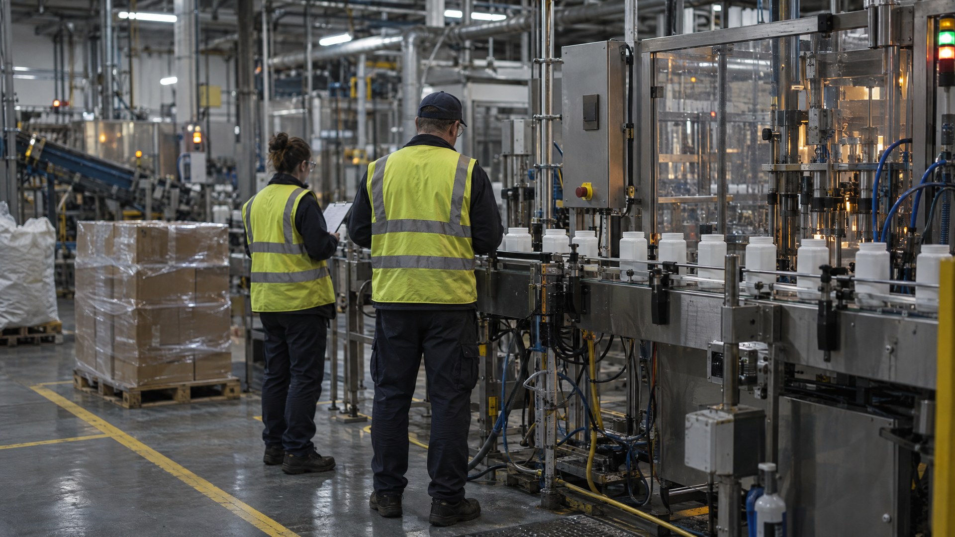 Illustrative production line in a manufacturing plant with two workers at the line.