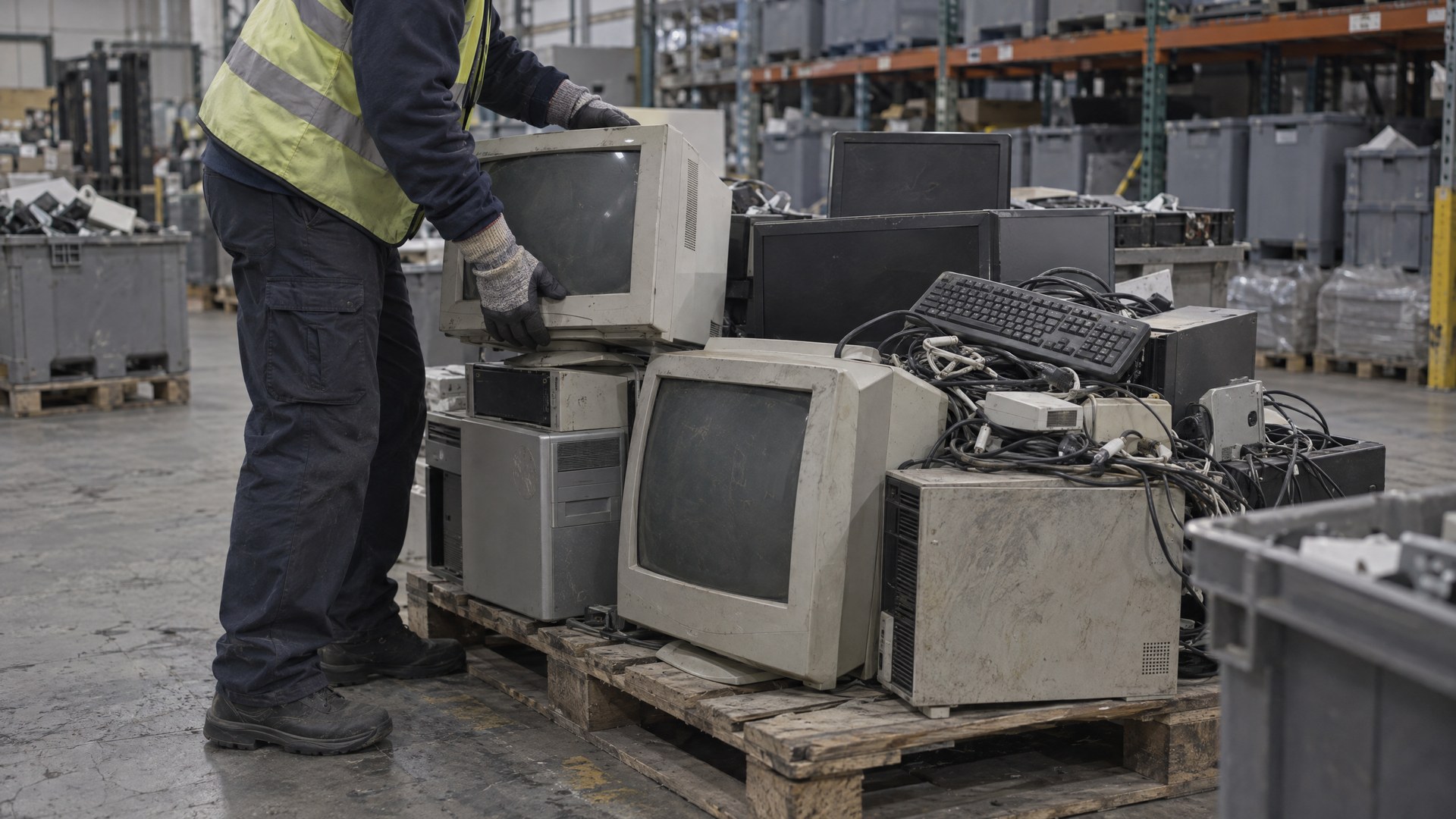 Illustrative pallet of obsolete monitors and cables with a gloved worker reaching to lift a unit.