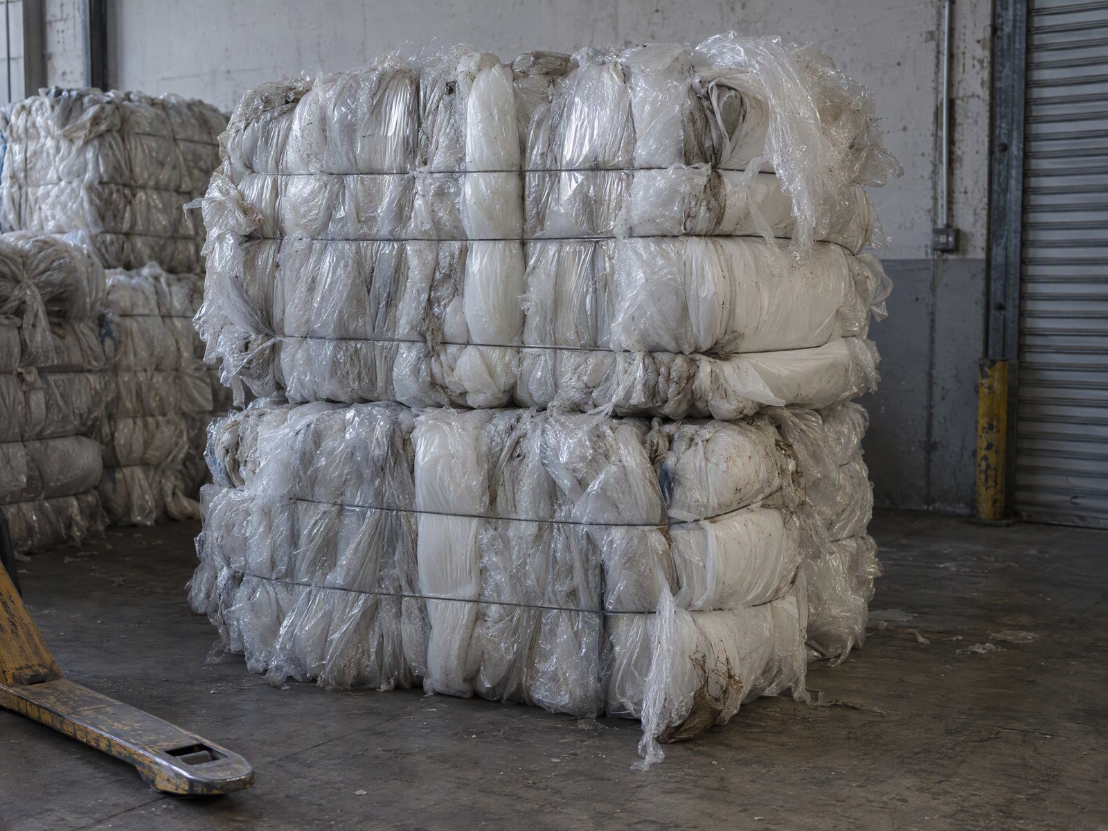 Illustrative bales of compressed plastic stretch film stacked on a concrete floor.