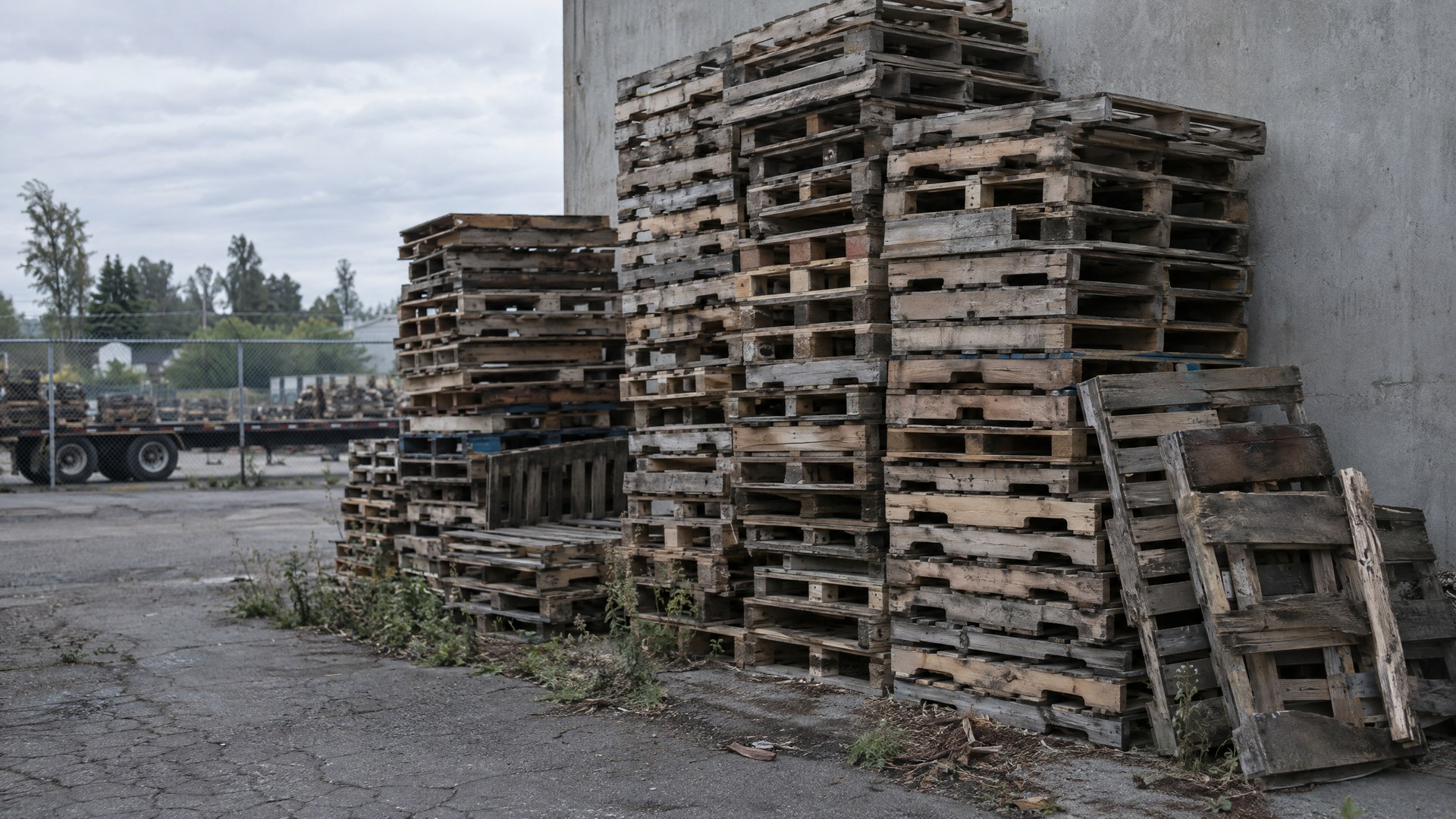 Illustrative tall stacks of used wooden pallets in an outdoor industrial yard.