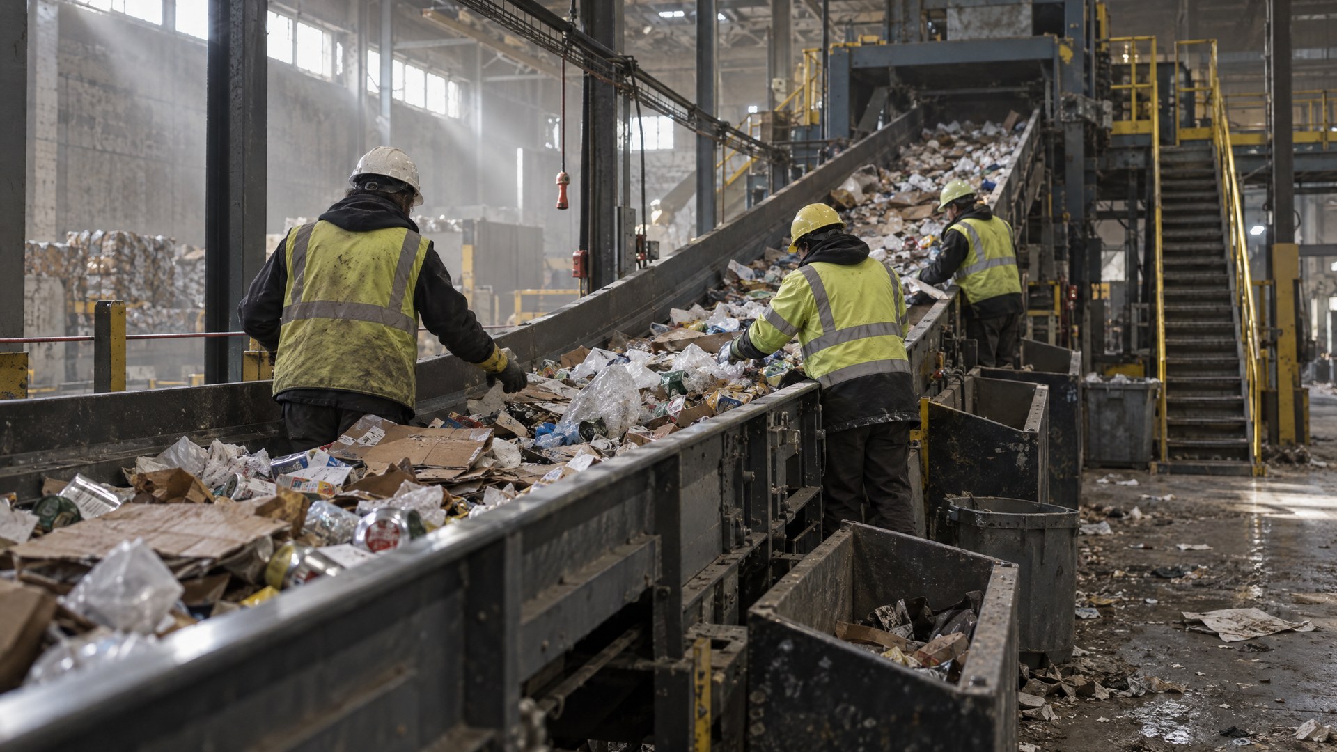 Illustrative materials recovery facility with workers sorting mixed recyclables along a conveyor.