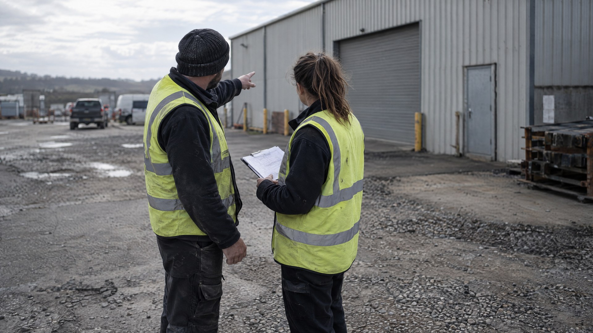 Illustrative two facility workers reviewing a printed sheet outside an industrial building entrance.