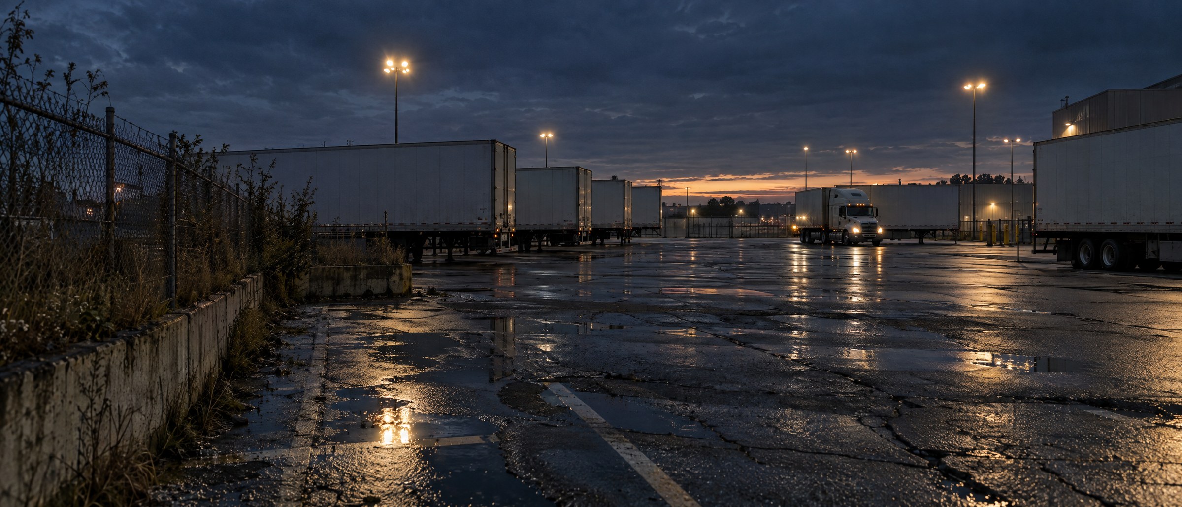 Illustrative wide view of an industrial truck yard at dusk with parked trailers and floodlights.