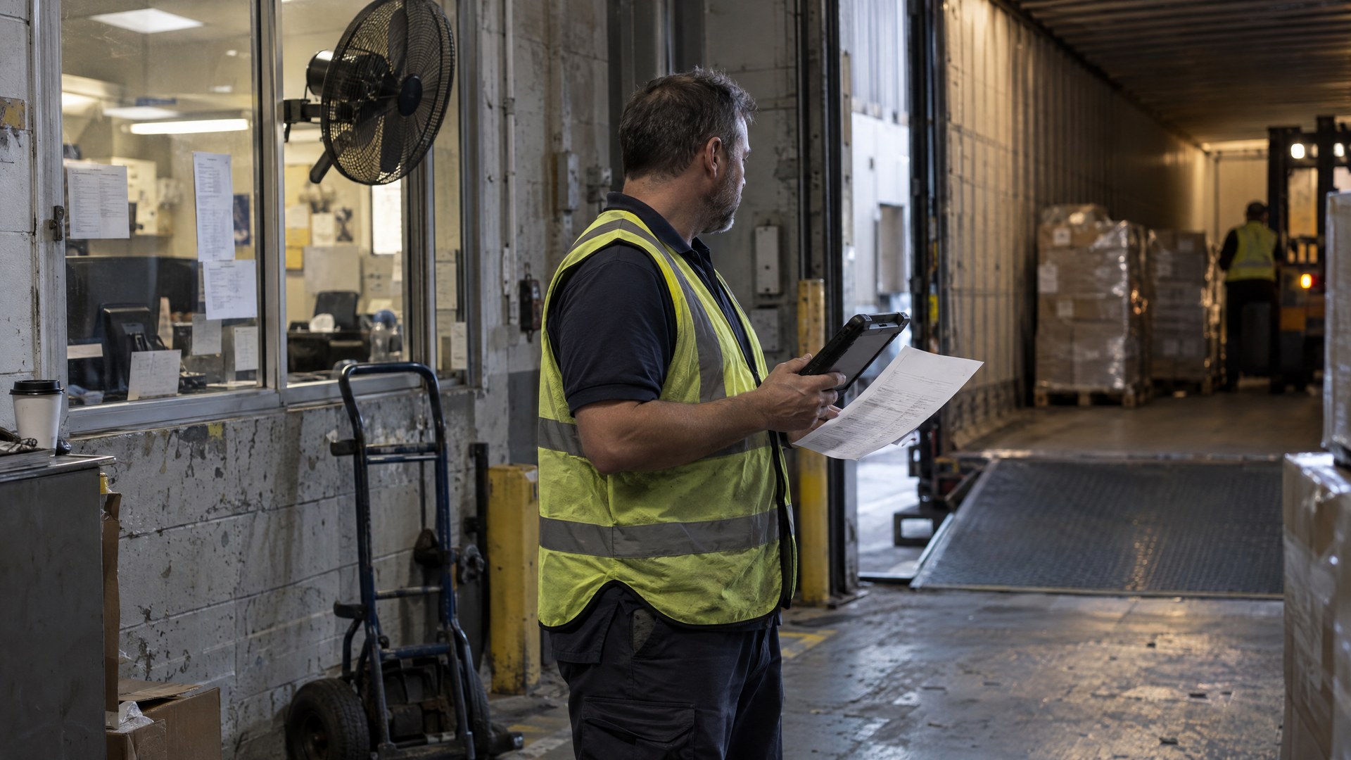 Illustrative operations coordinator at a dock office checking a tablet and a printed load sheet beside an open trailer.
